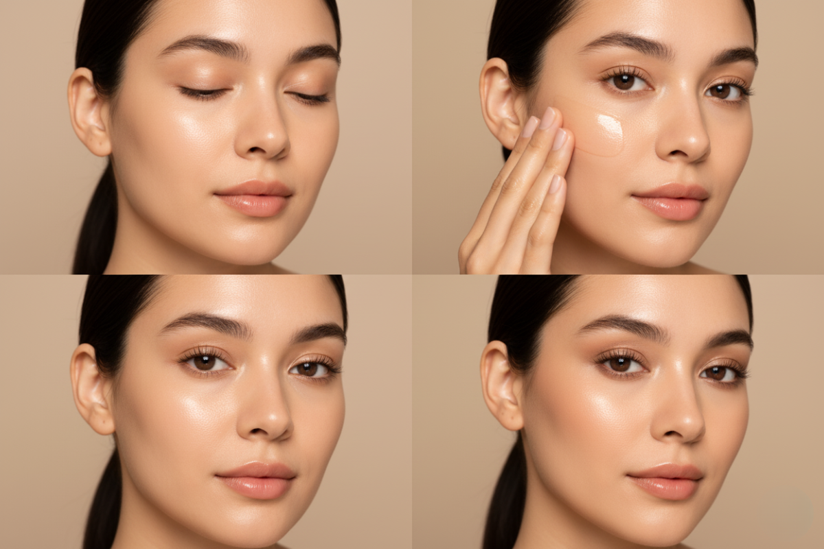 "Close-up collage of a woman applying skincare and showing radiant, healthy skin"