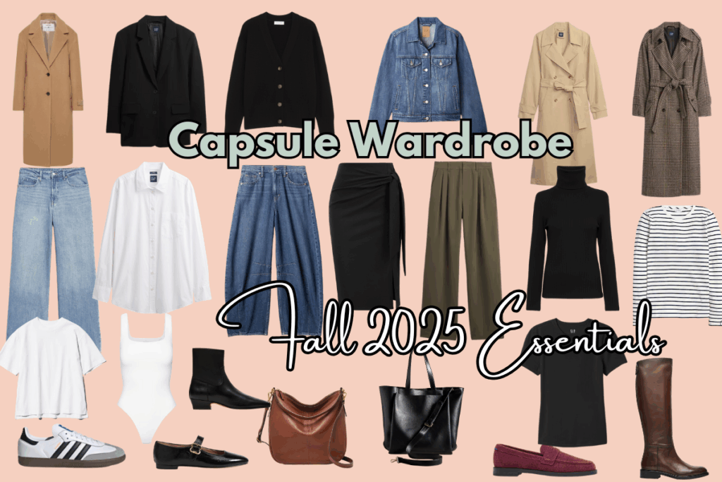 Fall 2025 capsule wardrobe essentials featuring neutral coats, blazers, jeans, skirts, knits, and classic shoes on a peach background with text reading ‘Capsule Wardrobe: Fall 2025 Essentials.