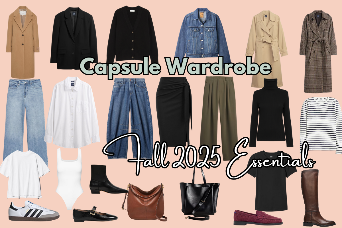 Fall 2025 capsule wardrobe essentials featuring neutral coats, blazers, jeans, skirts, knits, and classic shoes on a peach background with text reading ‘Capsule Wardrobe: Fall 2025 Essentials.