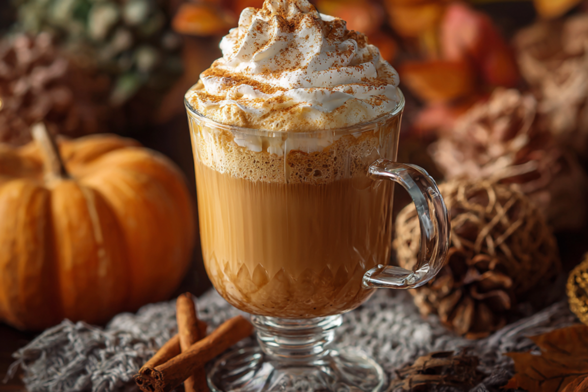 A glass mug of homemade pumpkin spice latte topped with whipped cream and sprinkled with cinnamon, surrounded by pumpkins, pinecones, and autumn decor.