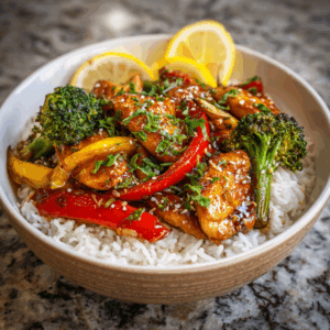A bowl of honey lemon chicken stir-fry with colorful bell peppers and broccoli served over steamed rice, garnished with sesame seeds and lemon slices.