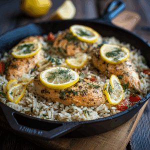 Lemon dill chicken breasts resting on a bed of herbed rice in a cast-iron skillet, topped with lemon slices and fresh dill.
