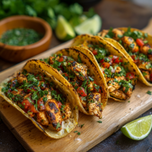Four cilantro lime chicken tacos filled with grilled chicken, peppers, and fresh herbs on a wooden board with lime wedges.
