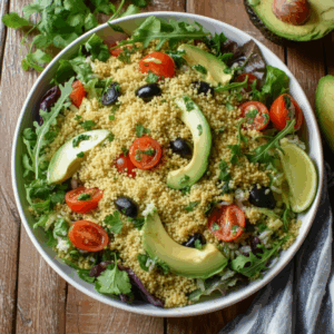 A bowl of couscous salad topped with avocado slices, cherry tomatoes, black olives, mixed greens, and fresh cilantro, with lime wedges on the side.
