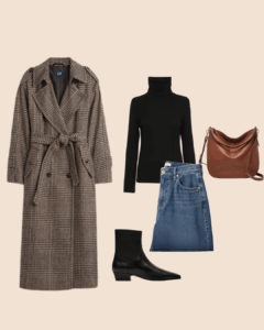 Flat lay of a chic fall outfit featuring a brown plaid trench coat, black turtleneck sweater, blue jeans, black ankle boots, and a brown leather shoulder bag on a beige background.