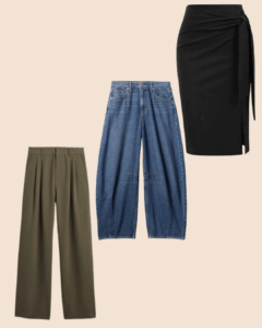 Three different bottom garments displayed on a beige background: olive green wide-leg trousers, blue wide-leg denim jeans, and a black wrap pencil skirt.