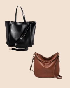 Two classic leather handbags on a beige background: a large black tote bag with top handles and crossbody strap, and a medium brown shoulder bag with gold hardware and a relaxed shape.