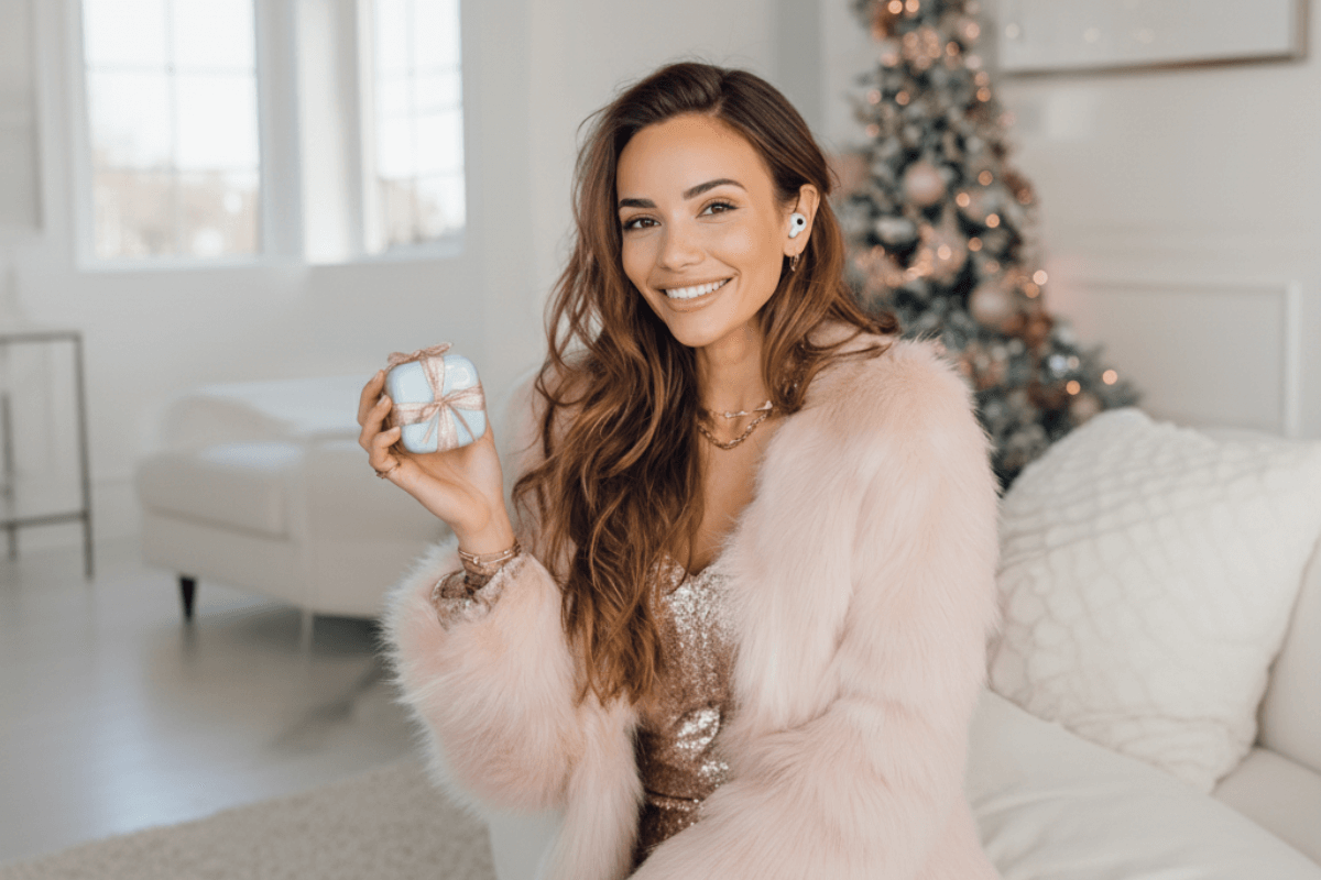 A smiling woman wearing a soft pink faux fur coat and sparkly dress sits in a festive living room, holding a small wrapped gift with a Christmas tree in the background.