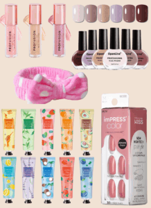 A collage of affordable beauty and self-care gift items under $10, including nude nail polish sets, pink press-on nails, a fluffy pink spa headband, mini hand cream tubes, and glossy lip gloss trios.