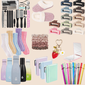 Flat lay of cozy stocking stuffer gift ideas including fuzzy socks, slippers, hair claw clips, satin scrunchies, mini planners, reusable water bottles, reusable straws, bag charm keychain, compact mirror, and a pedicure kit in soft pastel and neutral colors