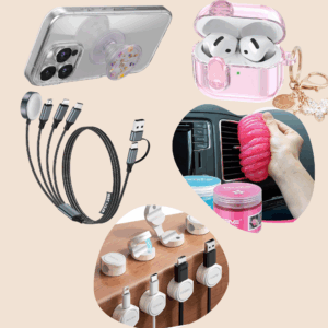 Collage of cute tech accessories including a glitter pop socket on a phone case, pastel pink AirPods case, multi-device charging cable, car vent cleaning gel, and magnetic cable organizers.