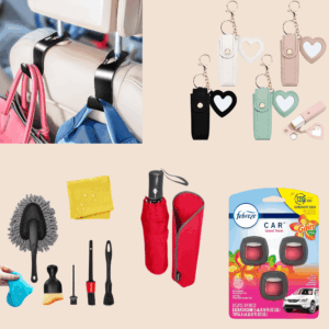 Collage of car accessories for women including car headrest hooks holding purses, pastel lip balm holder keychains, car cleaning tools and gel, compact red umbrella, and Febreze car air freshener clips